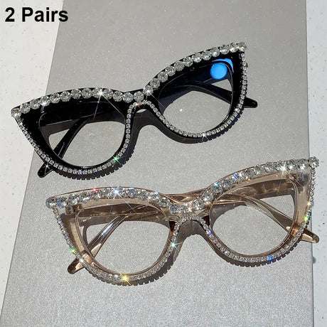 Black and Transparent brown 2 Pairs Stylish Rhinestones Women Cat Eye Glasses
