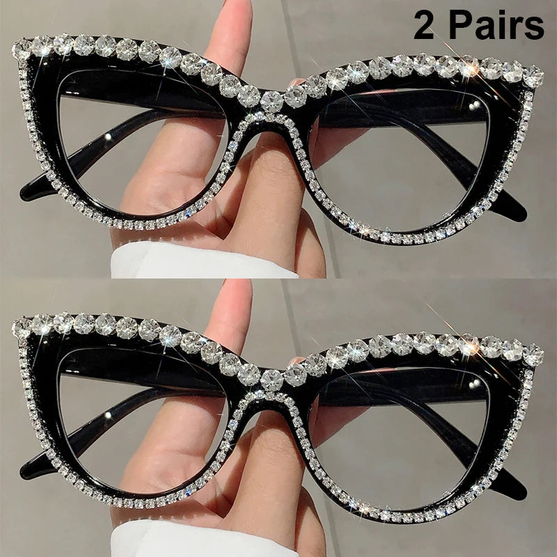 Black 2 Pairs Stylish Rhinestones Women Cat Eye Glasses