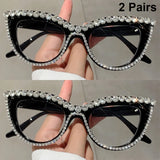 Black 2 Pairs Stylish Rhinestones Women Cat Eye Glasses