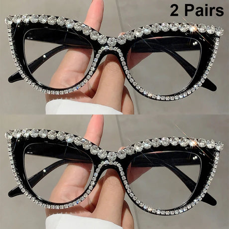 Black 2 Pairs Stylish Rhinestones Women Cat Eye Glasses