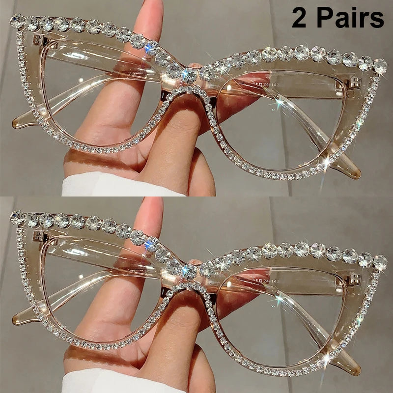 Transparent brown 2 Pairs Stylish Rhinestones Women Cat Eye Glasses