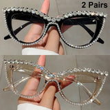 Black and transparent brown 2 Pairs Stylish Rhinestones Women Cat Eye Glasses