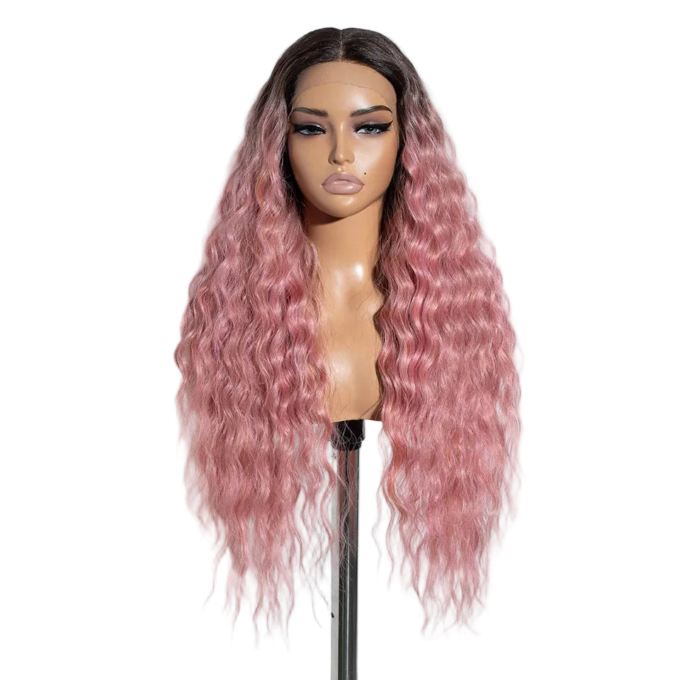 Pink 30 inches Curly Front Lace Synthetic Wigs