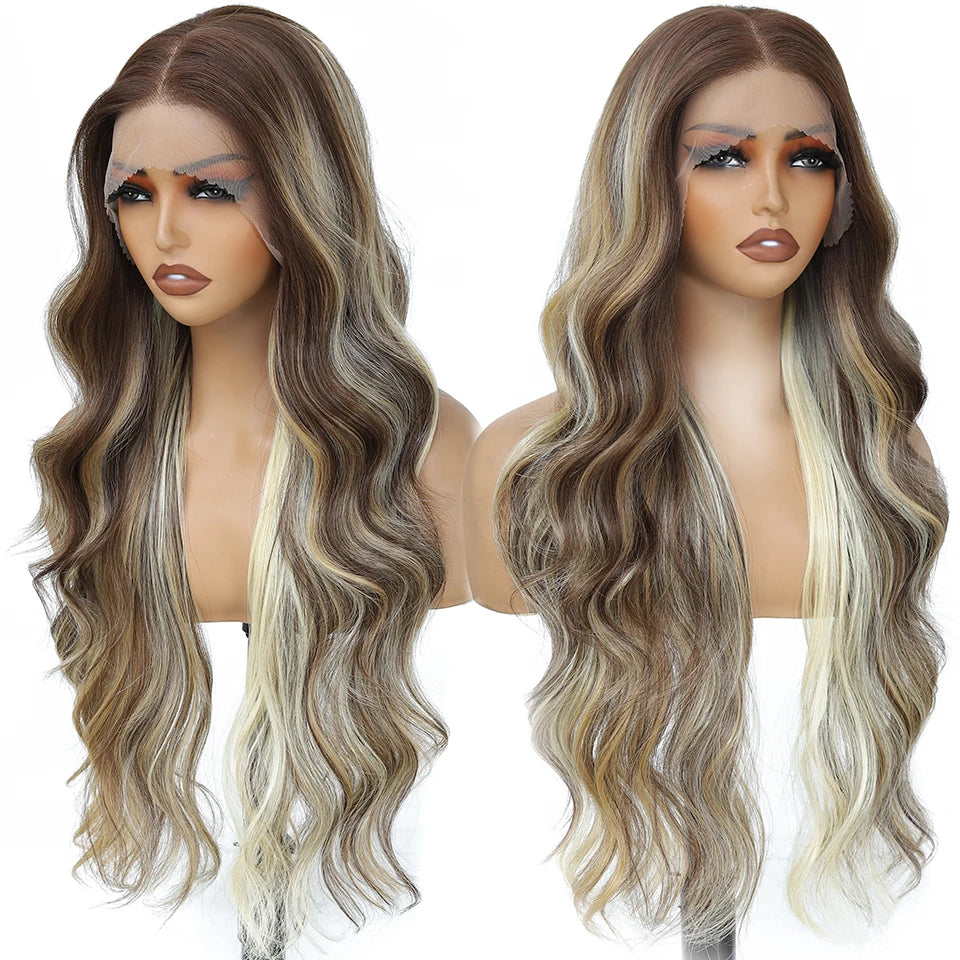 30inch Heat Resistant Bio Body Wave Lace Frontal Wigs ash brown/ white