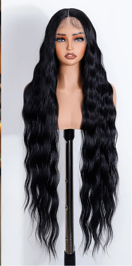 Black 36 Inch Long Deep Body Wavy Synthetic Lace Front Wig