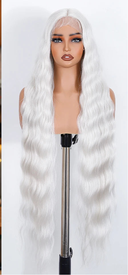 White 36 Inch Long Deep Body Wavy Synthetic Lace Front Wig