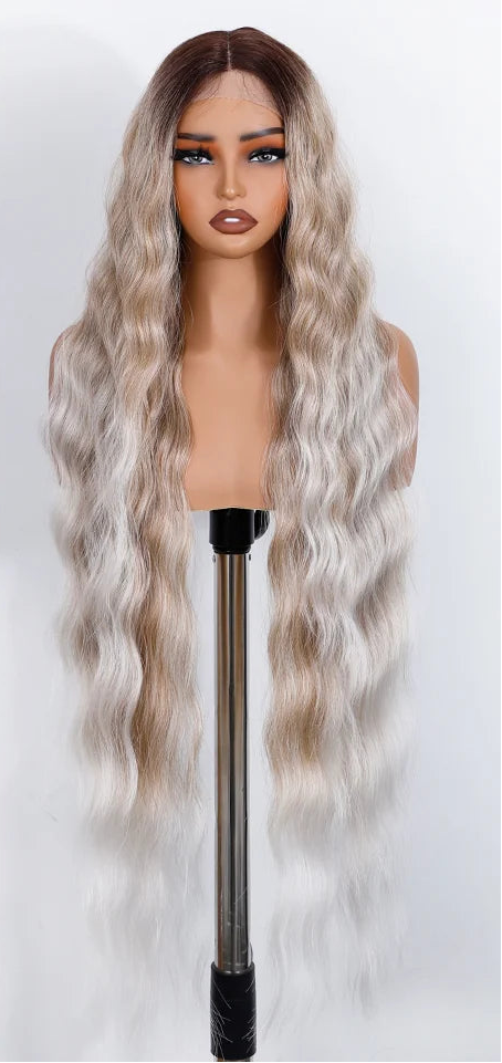 White 36 Inch Long Deep Body Wavy Synthetic Lace Front Wig