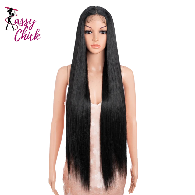 36 inch Long Straight Synthetic Lace Front Wigs For Women Sassy Chick Logo