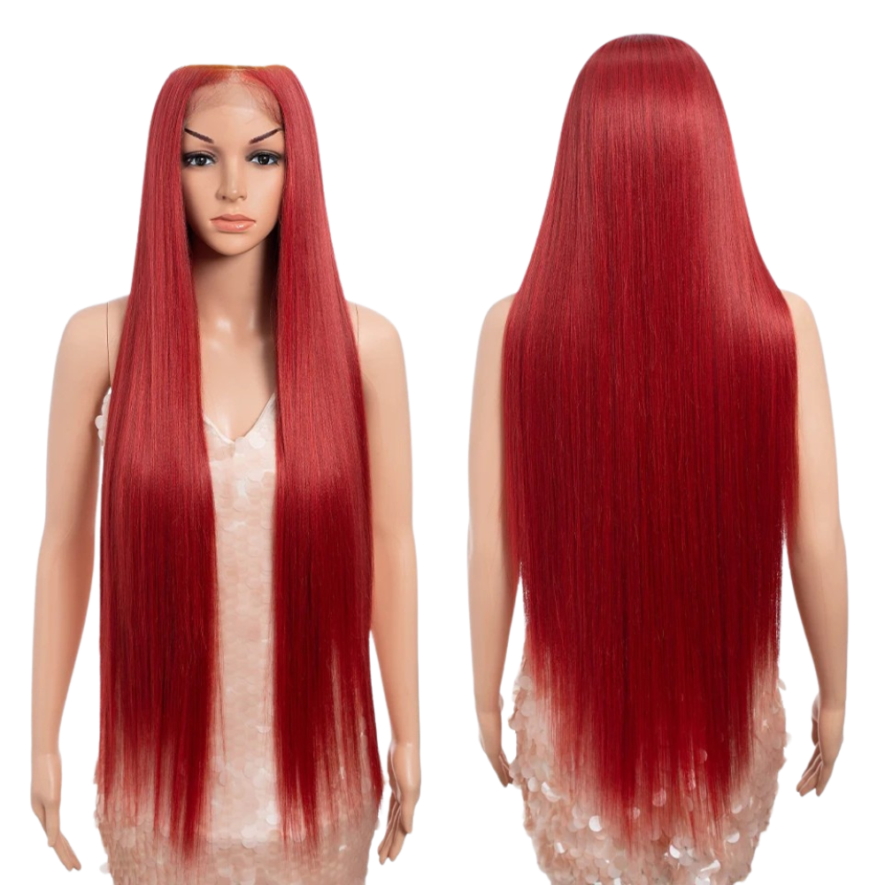 Red 36 inch Long Straight Synthetic Lace Front Wigs For Women