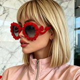 Model Using 3D Baroque Floral Oversized Round Sunglasses