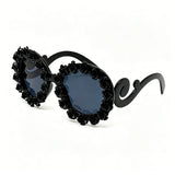 Black 3D Baroque Floral Oversized Round Sunglasses