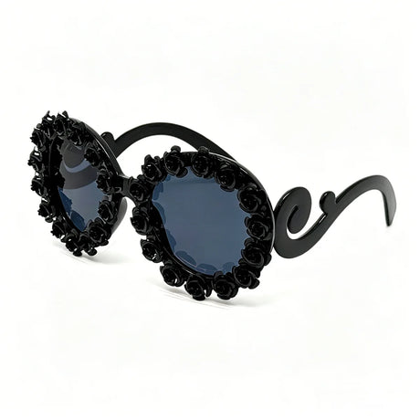 Black 3D Baroque Floral Oversized Round Sunglasses