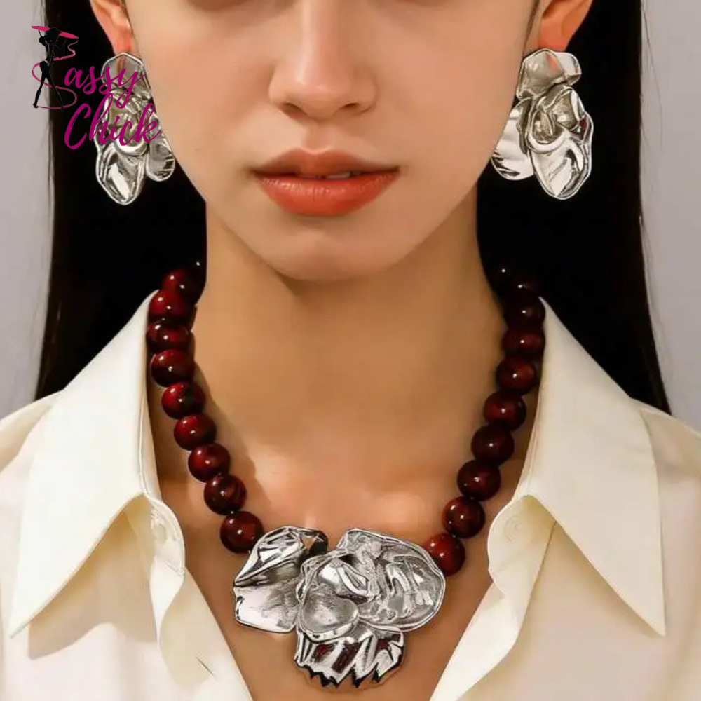 3D Floral Beaded Exaggerated Metallic Jewelry Set Sassy Chick Logo