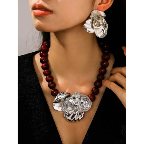 Model Using 3D Floral Beaded Exaggerated Metallic Jewelry Set