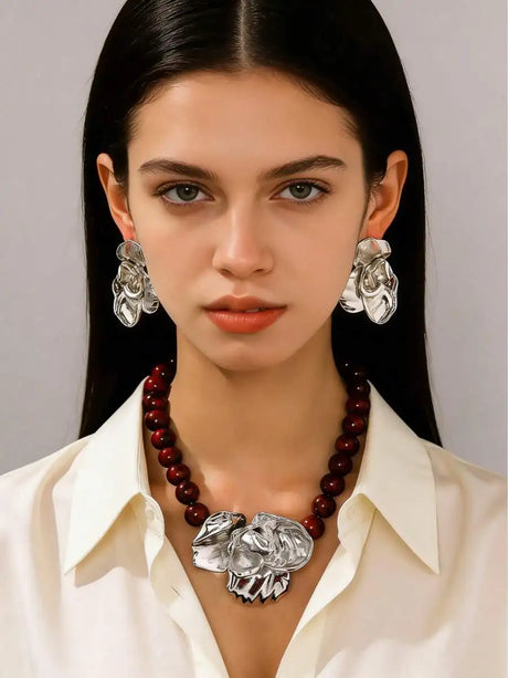 Model Using 3D Floral Beaded Exaggerated Metallic Jewelry Set