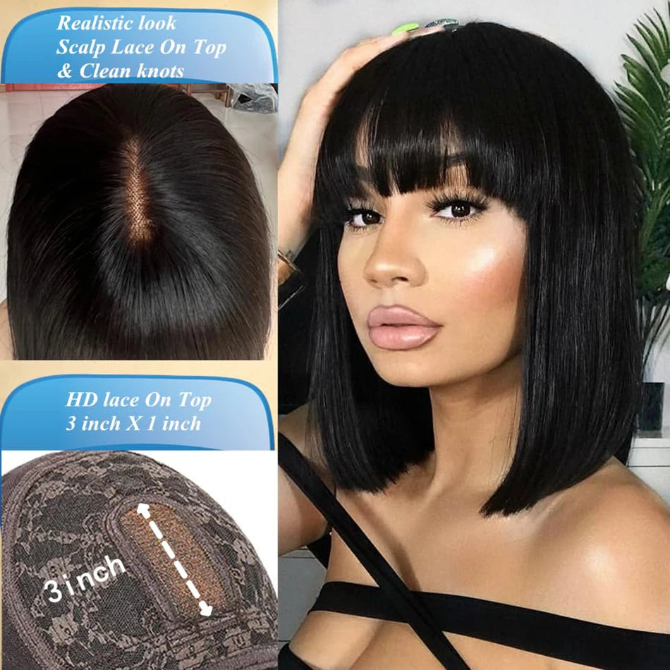 3X1 Middle Part Lace Bob Straight Human Hair Wigs black cap