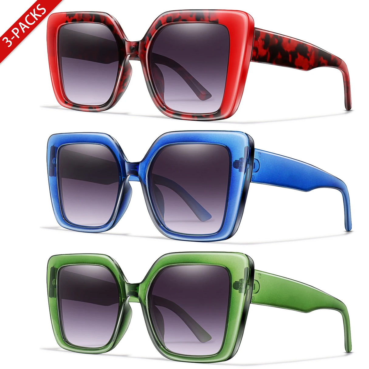 3 Pairs Retro Square UV400 Oversized Brand Sunglasses