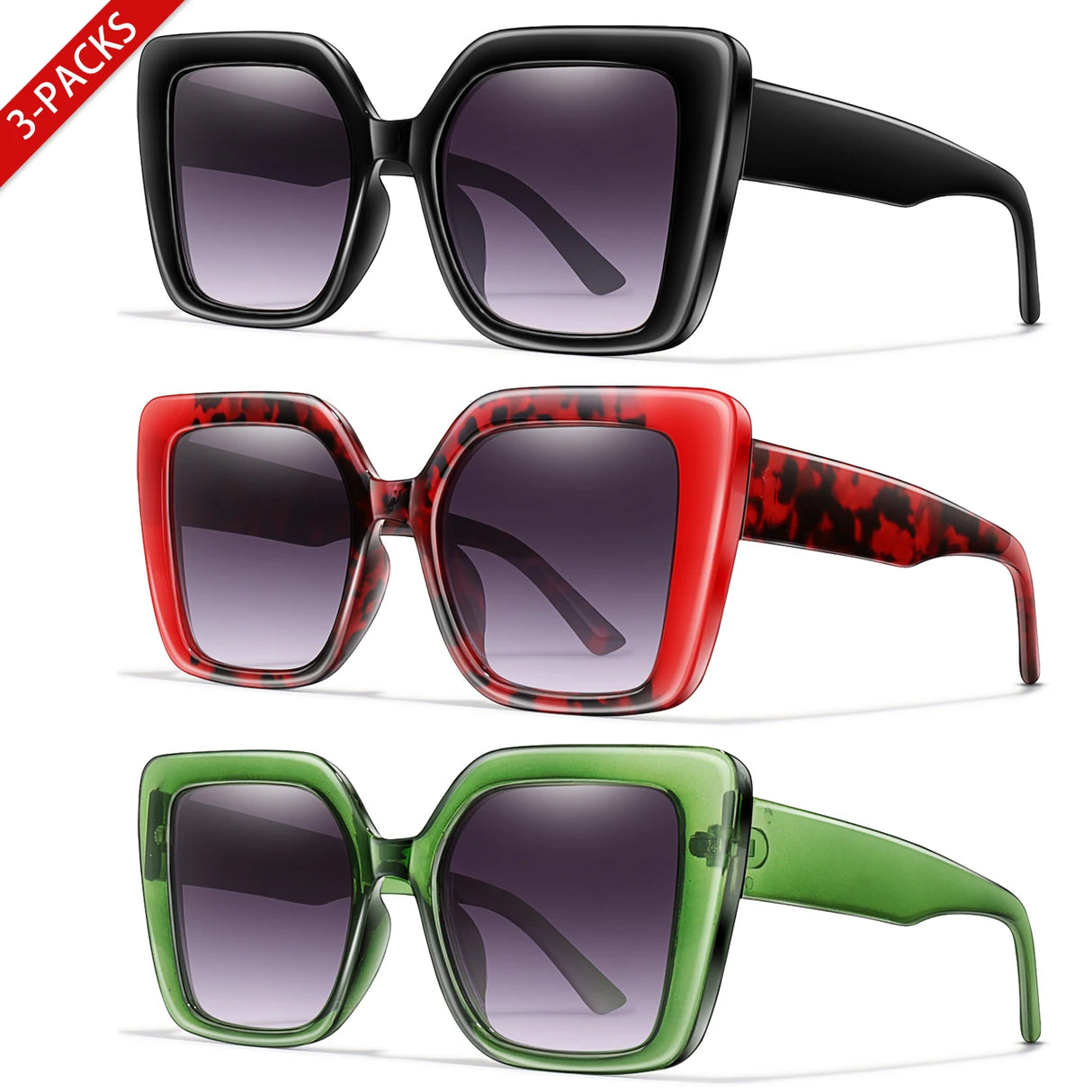 3 Pairs Retro Square UV400 Oversized Brand Sunglasses
