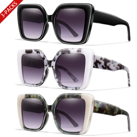 3 Pairs Retro Square UV400 Oversized Brand Sunglasses