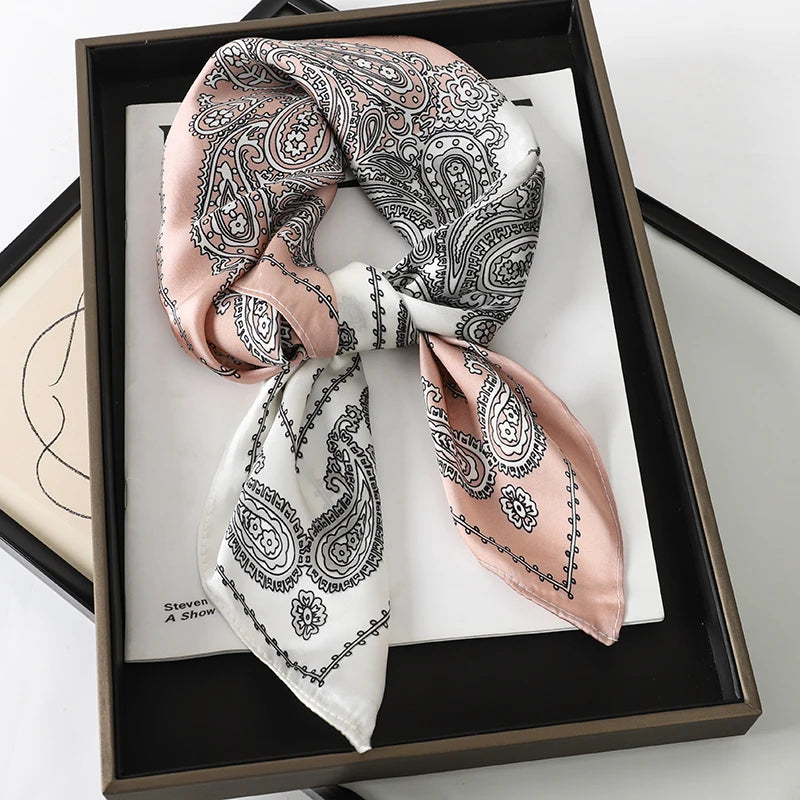 Gray Pink 70x70cm Small Satin Square Print Scarf
