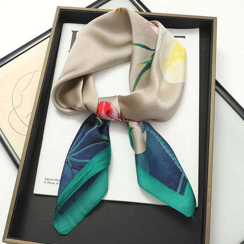 Beige 70x70cm Small Satin Square Print Scarf