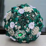 Green 8.3inch Rhinestone Brooch Butterfly Satin Rose Bridal Bouquets
