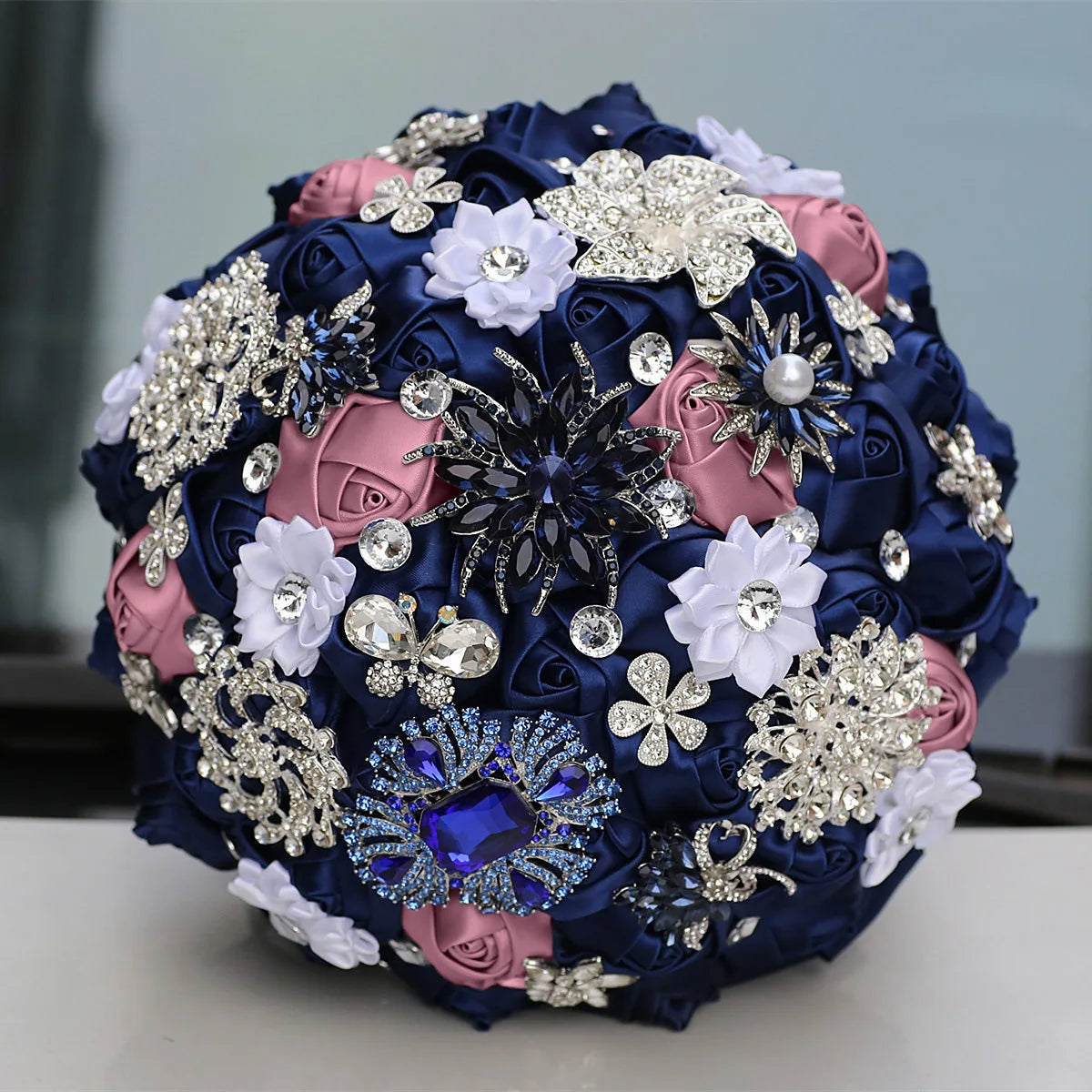Blue 8.3inch Rhinestone Brooch Butterfly Satin Rose Bridal Bouquets