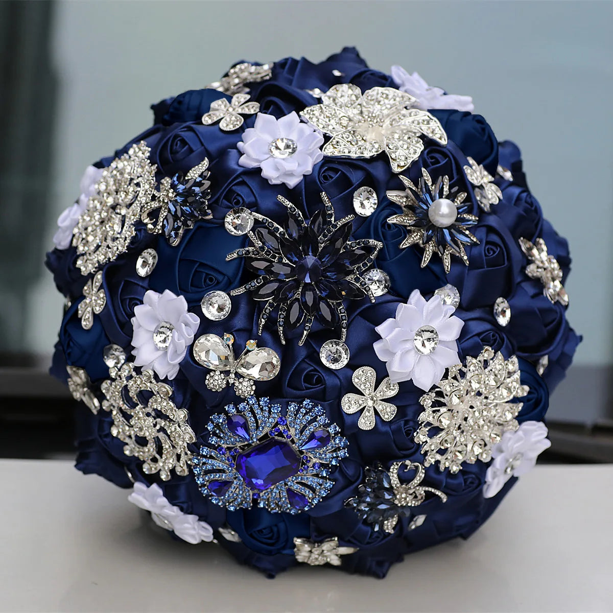 Blue 8.3inch Rhinestone Brooch Butterfly Satin Rose Bridal Bouquets