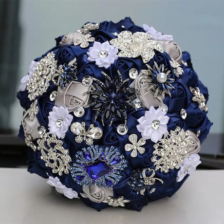 Blue 8.3inch Rhinestone Brooch Butterfly Satin Rose Bridal Bouquets