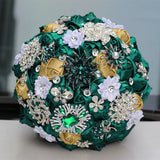 Green 8.3inch Rhinestone Brooch Butterfly Satin Rose Bridal Bouquets