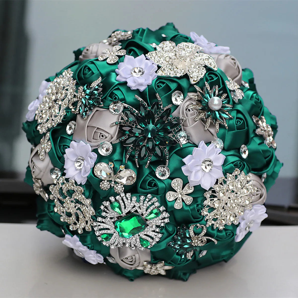 Green 8.3inch Rhinestone Brooch Butterfly Satin Rose Bridal Bouquets