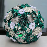 Green 8.3inch Rhinestone Brooch Butterfly Satin Rose Bridal Bouquets