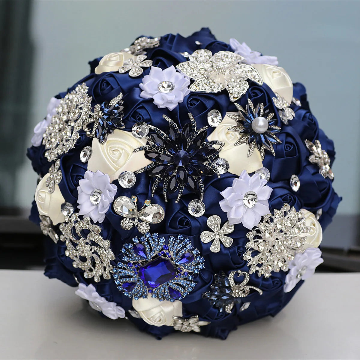 Blue 8.3inch Rhinestone Brooch Butterfly Satin Rose Bridal Bouquets