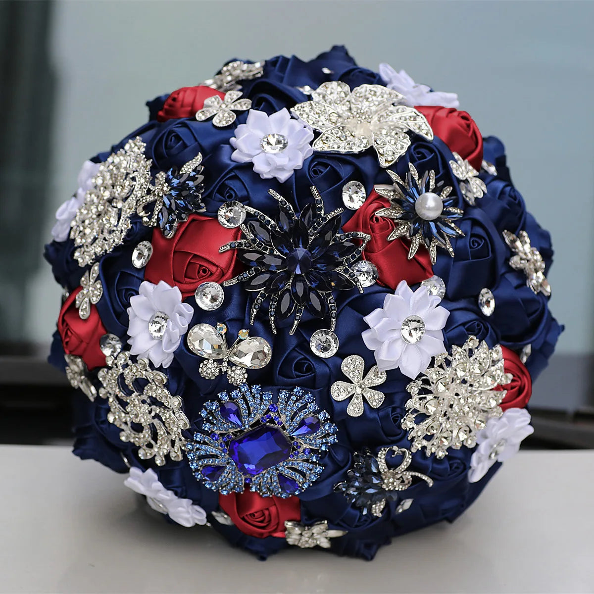 Blue 8.3inch Rhinestone Brooch Butterfly Satin Rose Bridal Bouquets