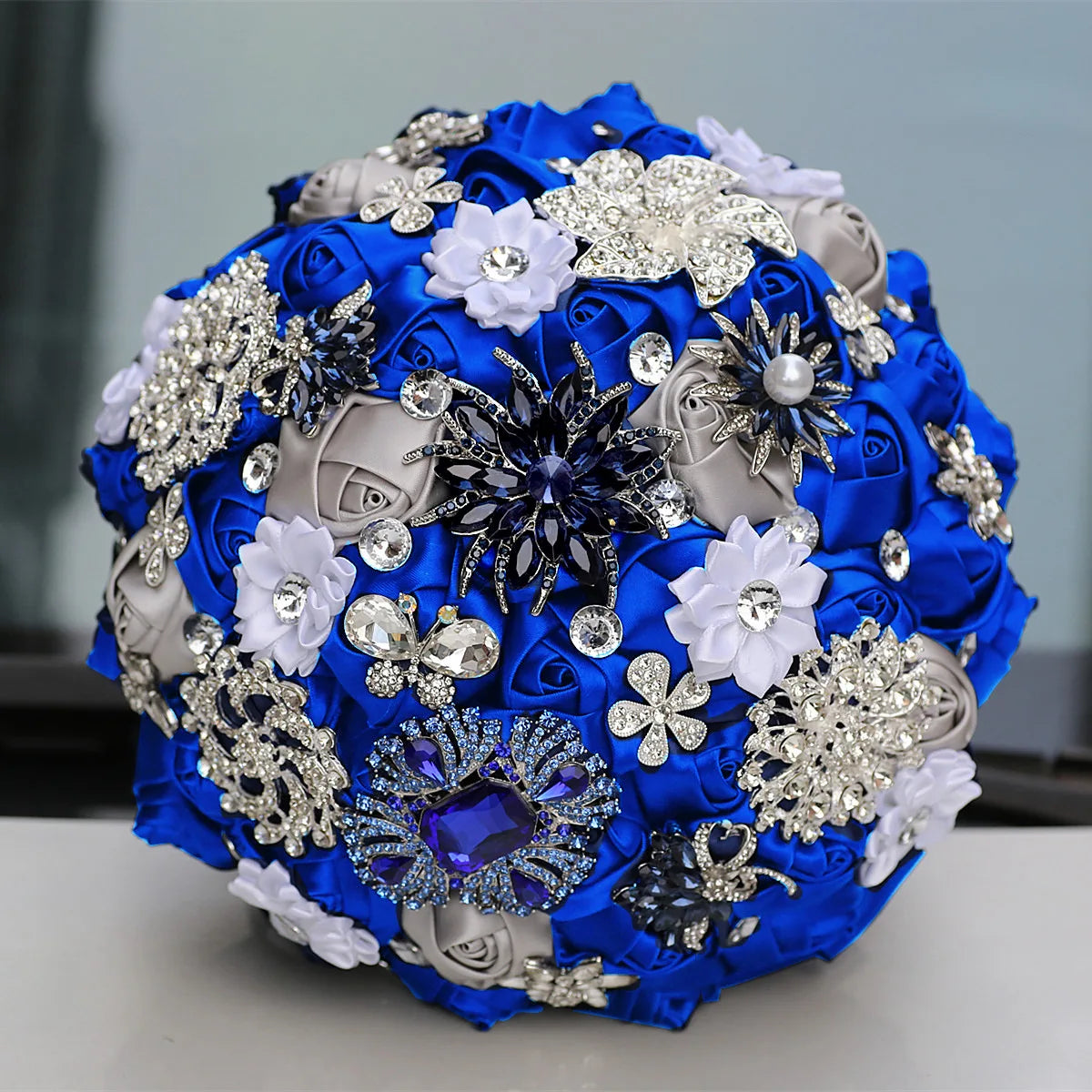Blue 8.3inch Rhinestone Brooch Butterfly Satin Rose Bridal Bouquets