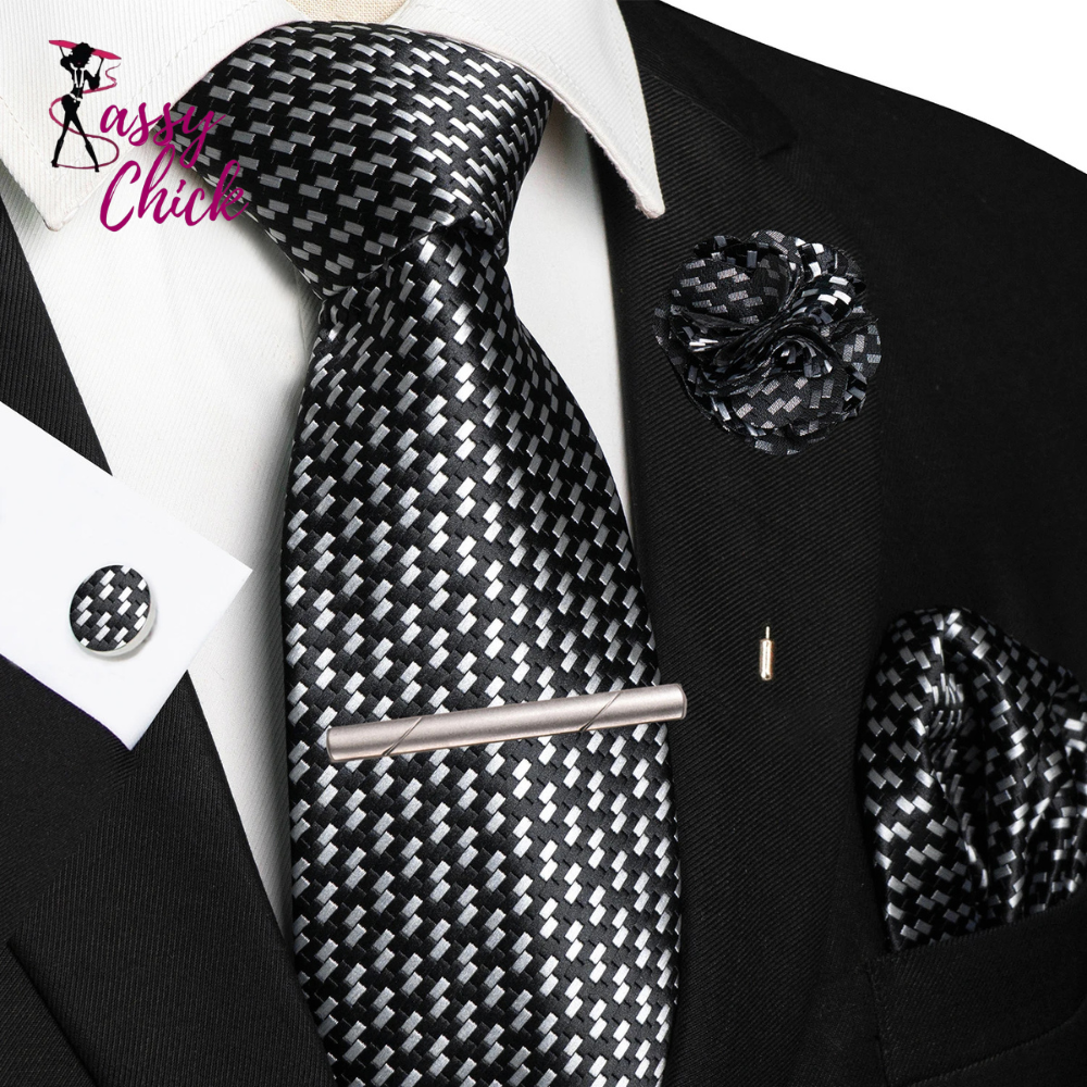 8cm Silk Tie Pin Pocket Square Cufflinks Tie Sassy Chick Logo