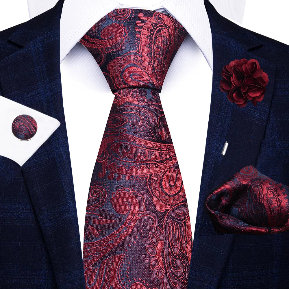Red 8cm Tie Handkerchief Cufflink Pin Necktie Set