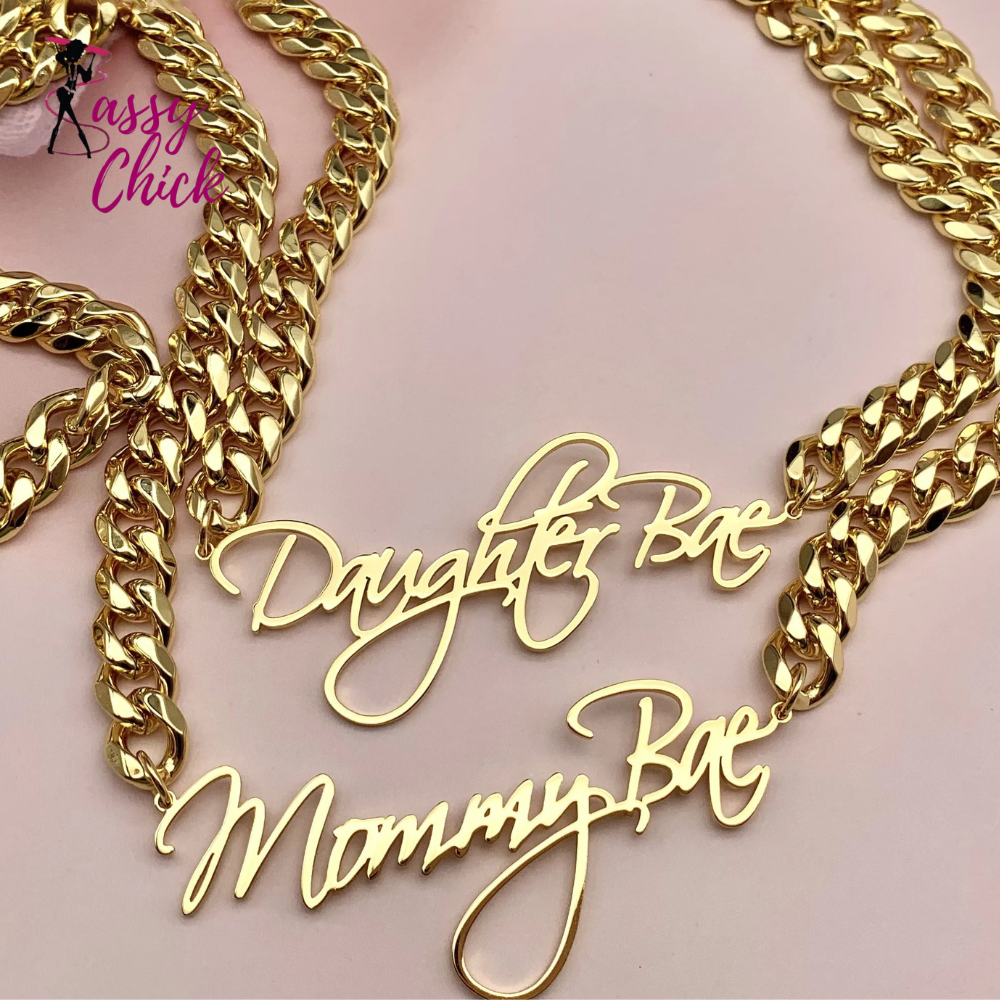 8mm Cuban Customized Cursive Nameplate Necklaces Sassy Chick Logo