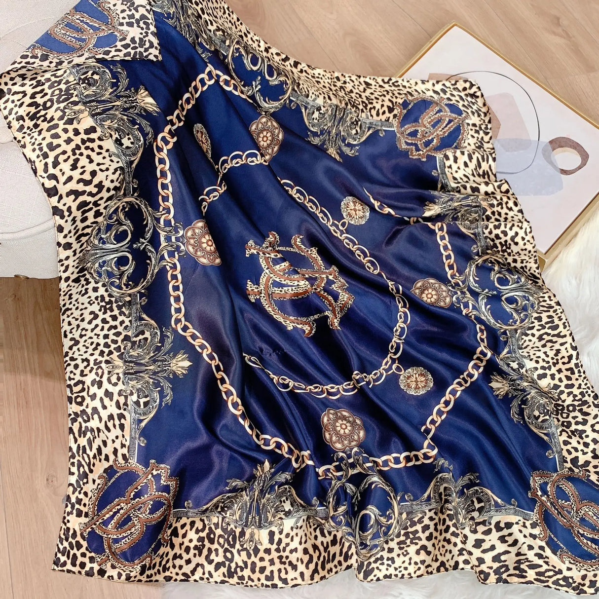 blue leopard pattern silk scarf