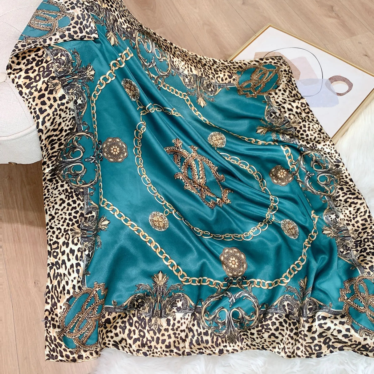 green leopard pattern silk scarf