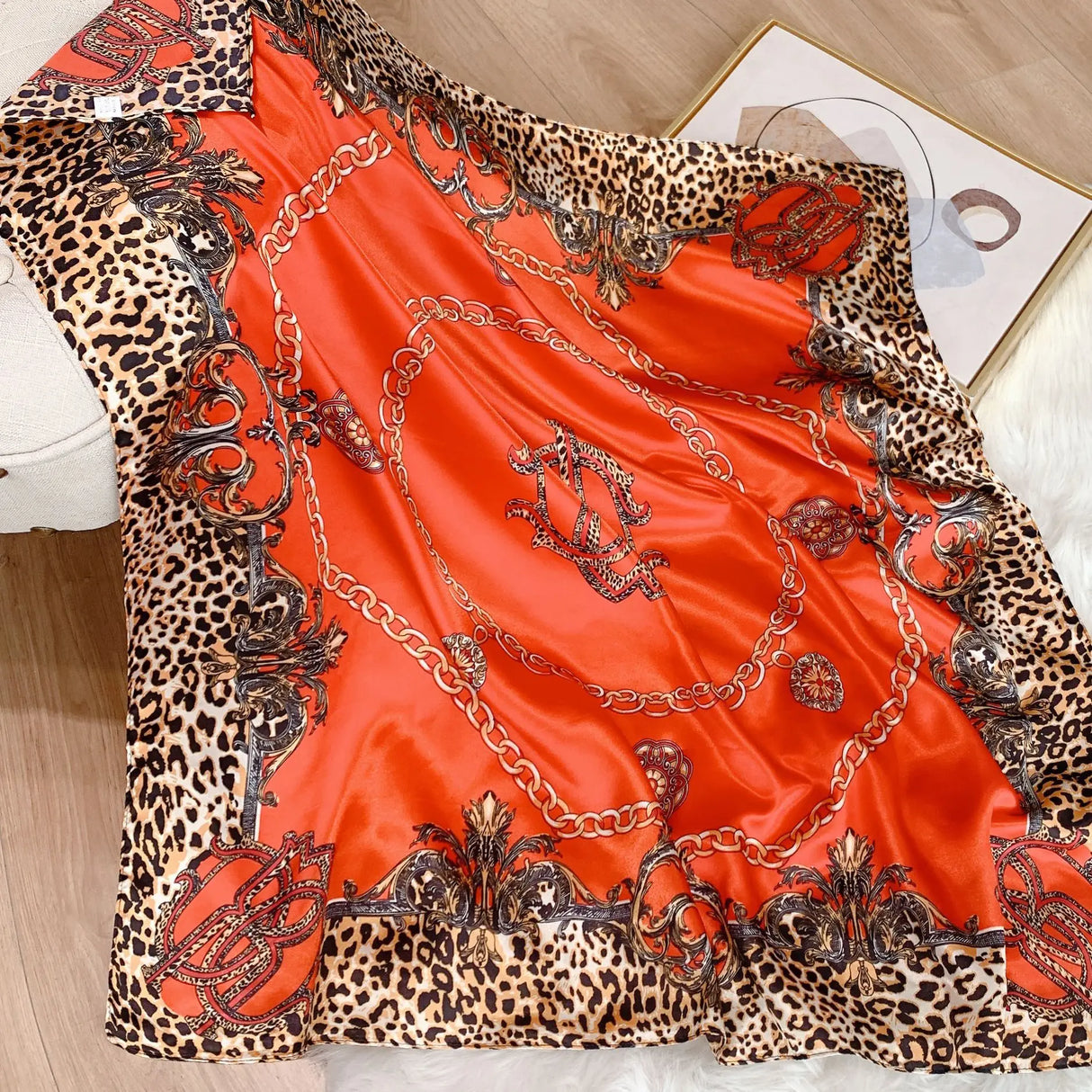 orange leopard pattern silk scarf