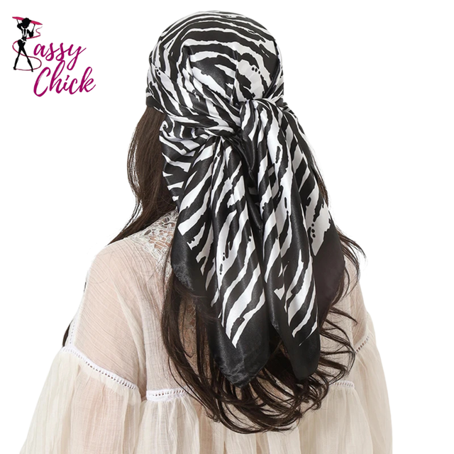 90*90cm Stripe Print Satin Big Square Silk Scarves Sassy Chick Logo