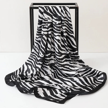 Black 90*90cm Stripe Print Satin Big Square Silk Scarves