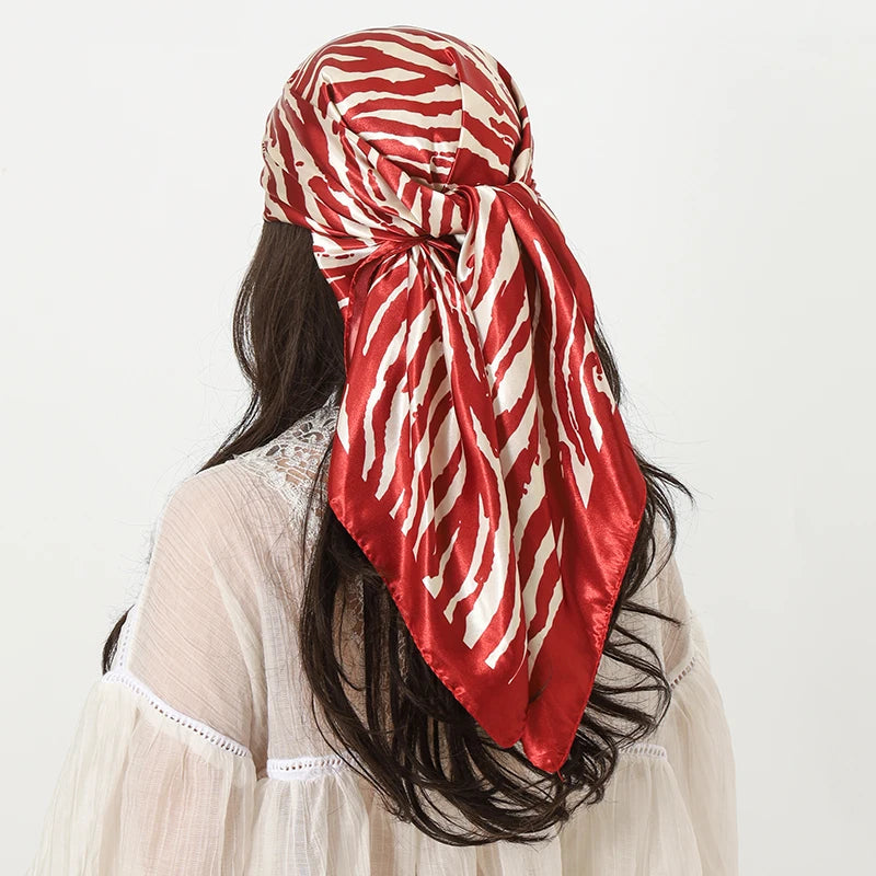 Red 90*90cm Stripe Print Satin Big Square Silk Scarves