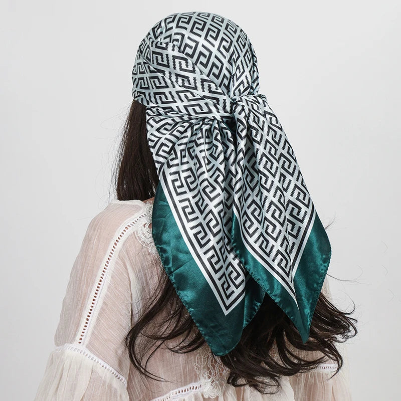 Green 90cm Square Hair Foulard Silk Headwraps Luxury Bandana