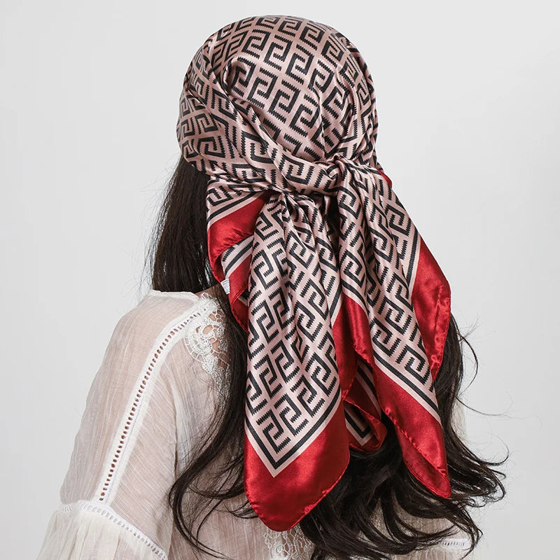 Red 90cm Square Hair Foulard Silk Headwraps Luxury Bandana