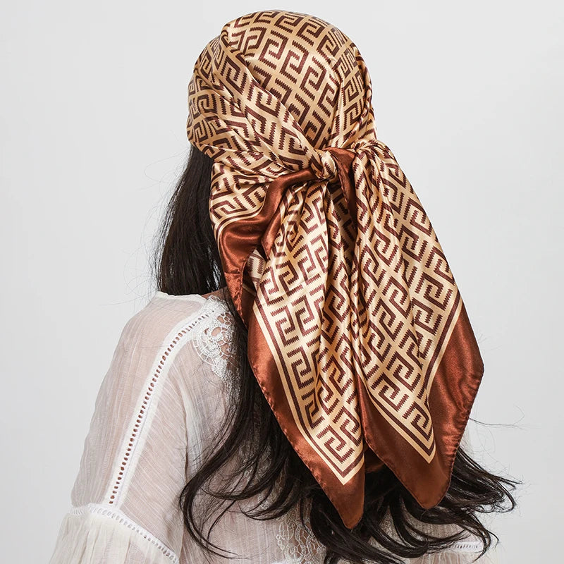 Brown 90cm Square Hair Foulard Silk Headwraps Luxury Bandana