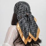 Gold Black 90cm Square Hair Foulard Silk Headwraps Luxury Bandana