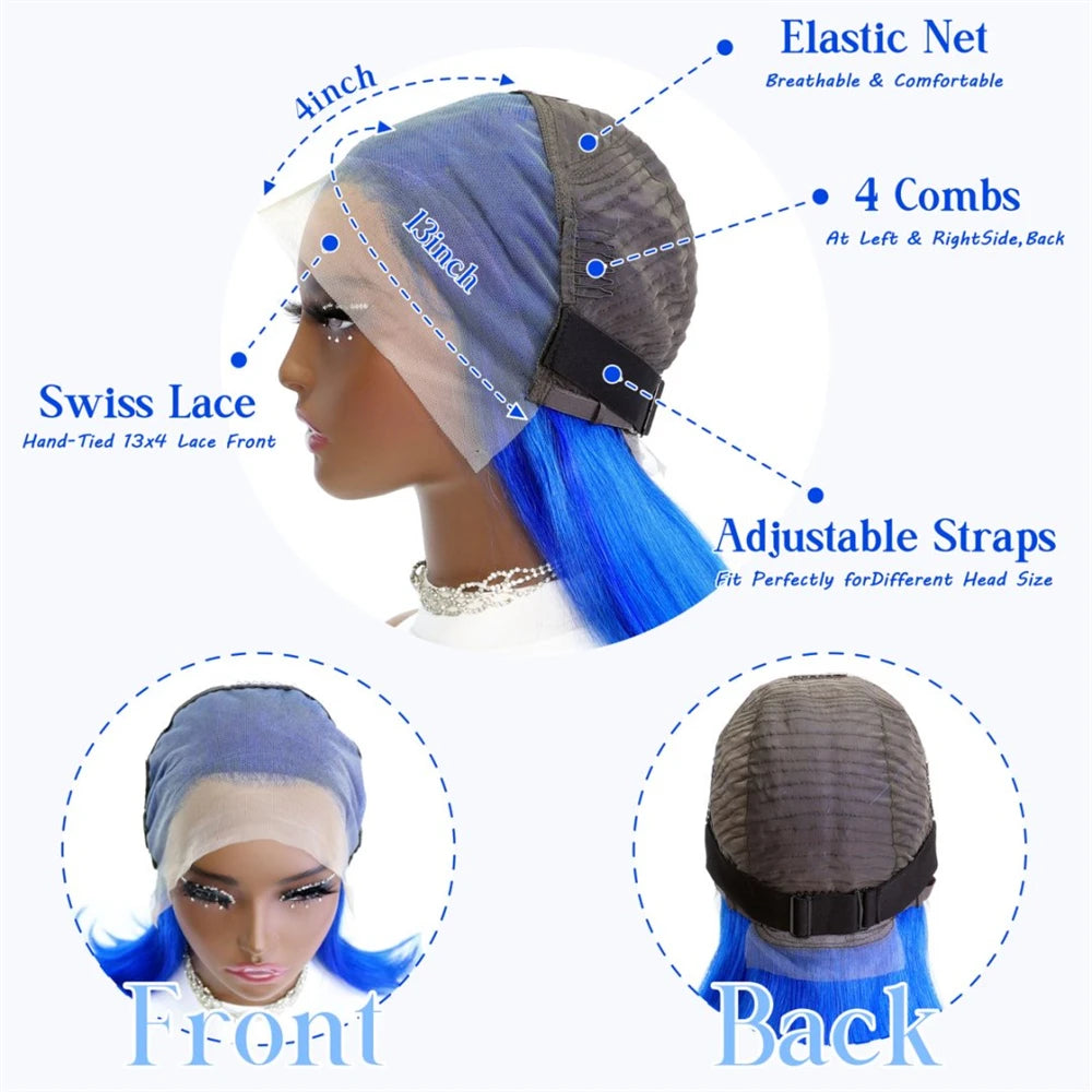 13x4 Brazilian Straight Hair Wig Blue Bob Human Hair