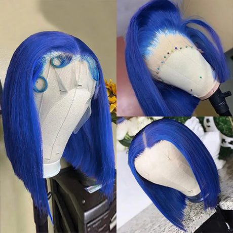 13x4 Brazilian Straight Hair Wig Blue Bob Human Hair